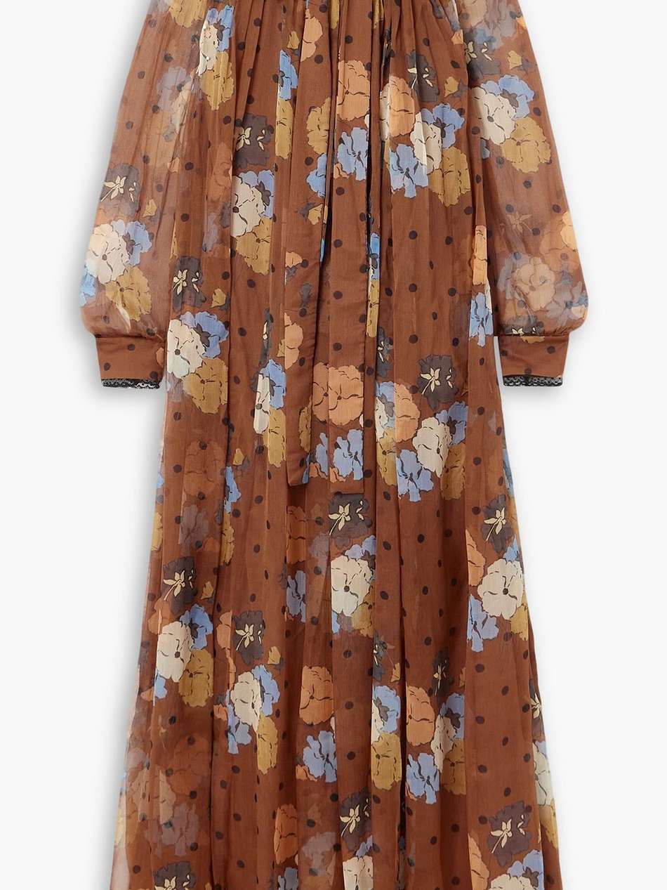 pussy-bow lace-trimmed printed silk-crepon maxi dress