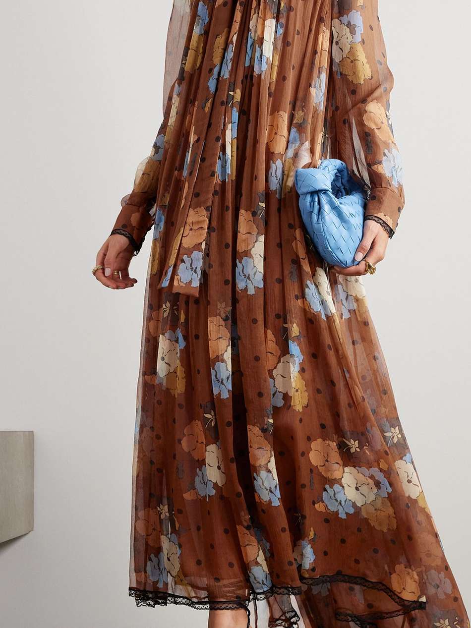 pussy-bow lace-trimmed printed silk-crepon maxi dress