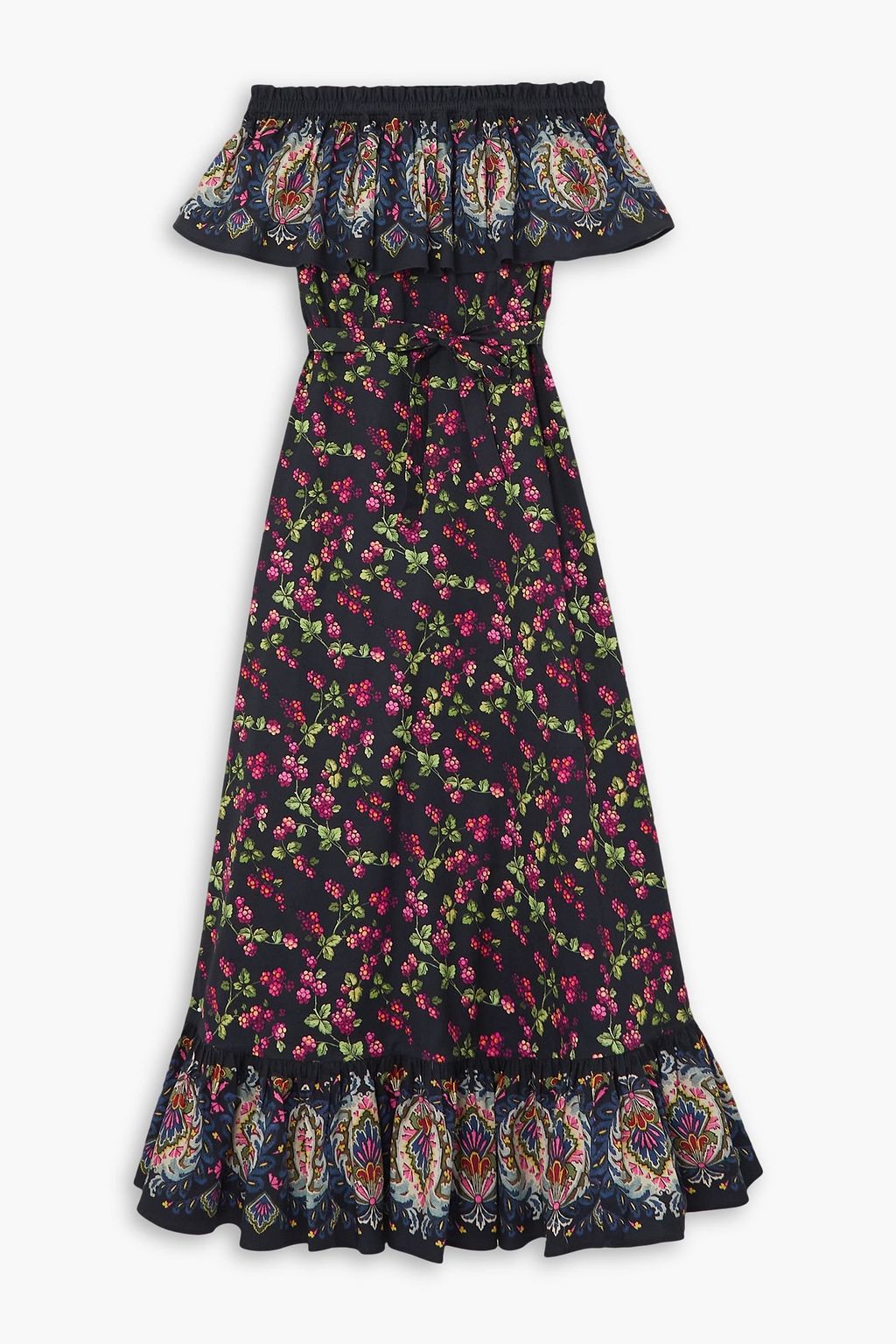 Off the shoulder printed stretch cotton maxi dress midnight blue IT 36