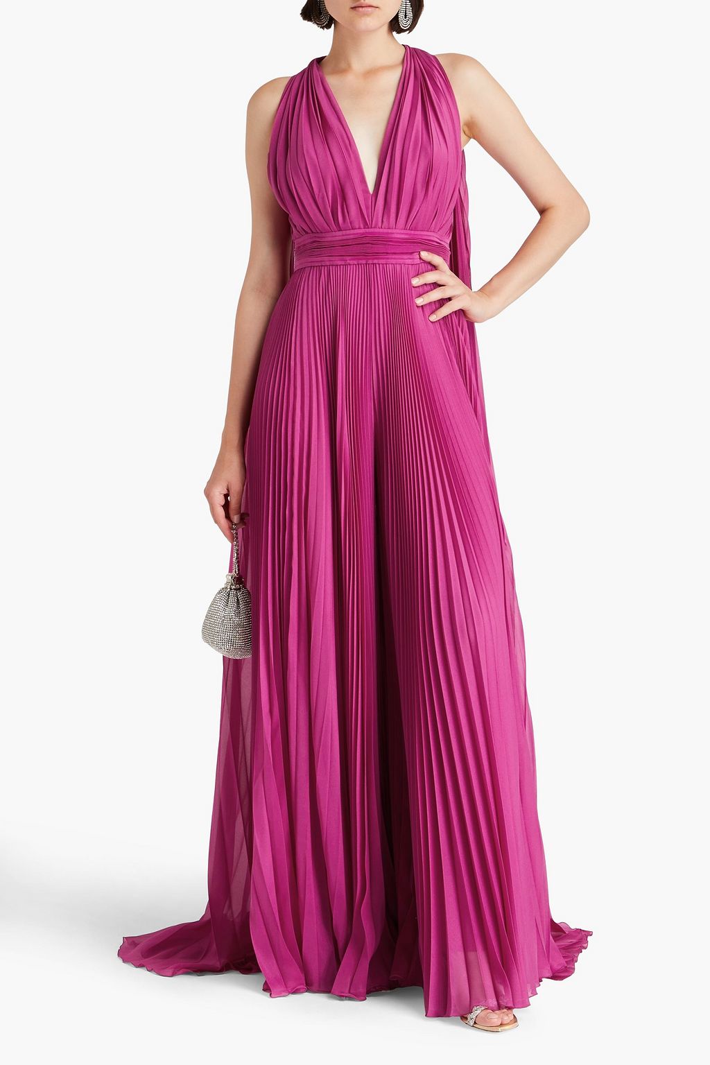 ZUHAIR MURAD 컷아웃 & 플리츠 디테일 시폰 와이드 레그 점프수트