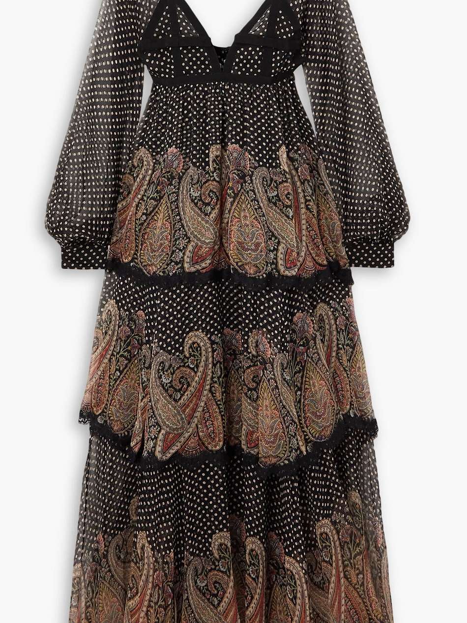 lace-trimmed printed silk-chiffon maxi dress