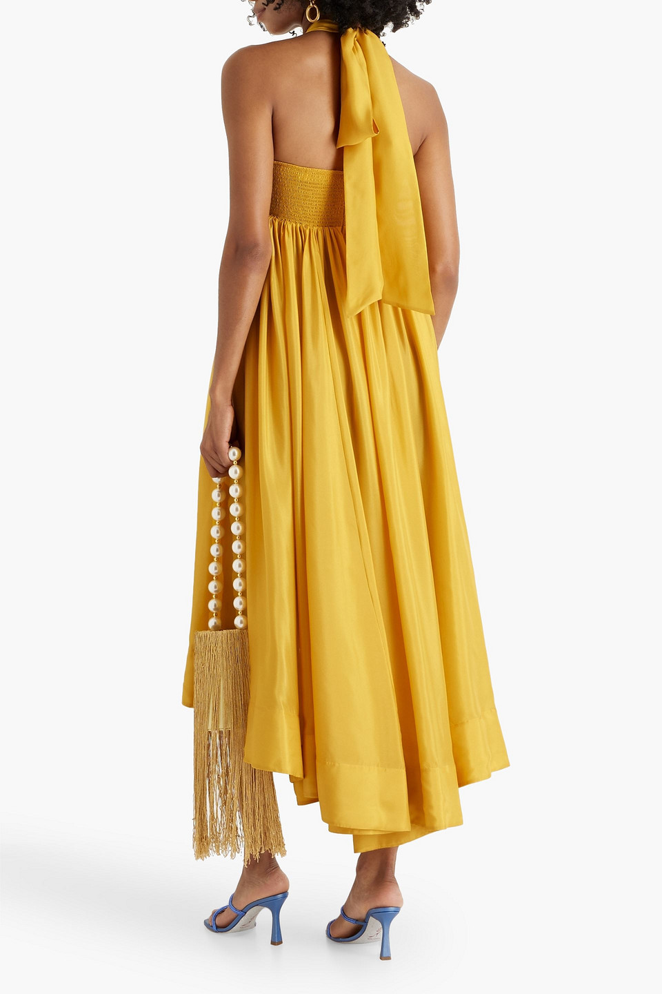 Zimmermann Asymmetric Gathered Silk-voile Halterneck Midi Dress In Mustard