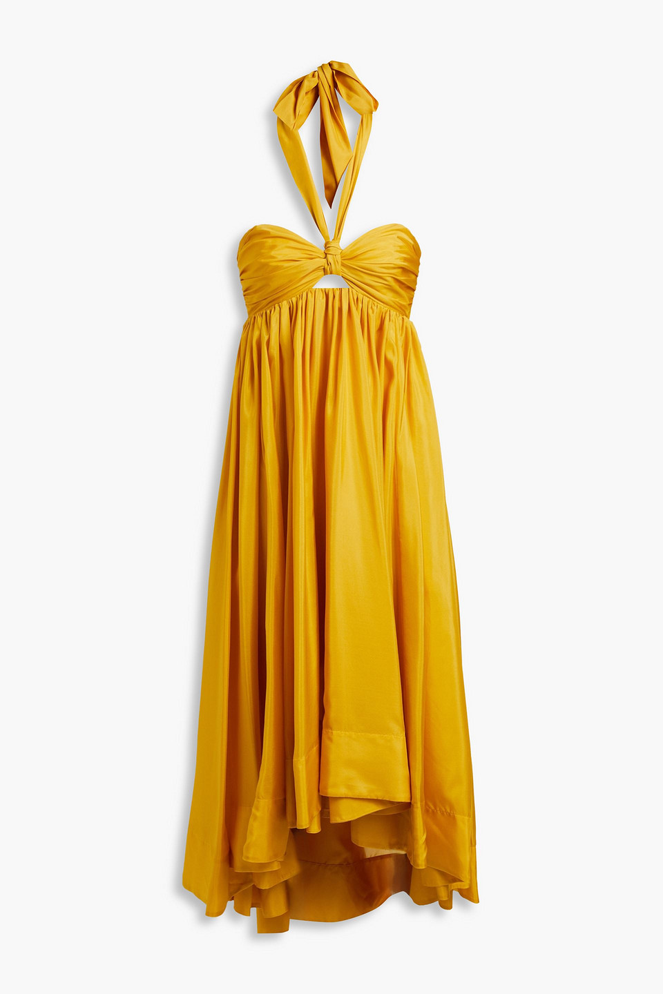 Zimmermann Asymmetric Gathered Silk-voile Halterneck Midi Dress In Mustard