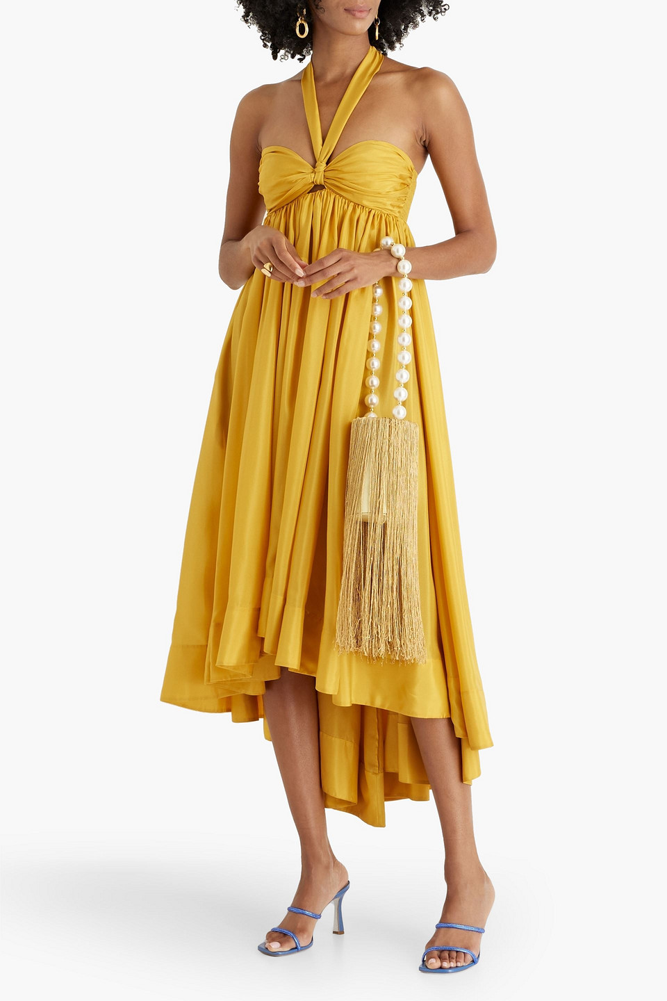 Zimmermann Asymmetric Gathered Silk-voile Halterneck Midi Dress In Mustard