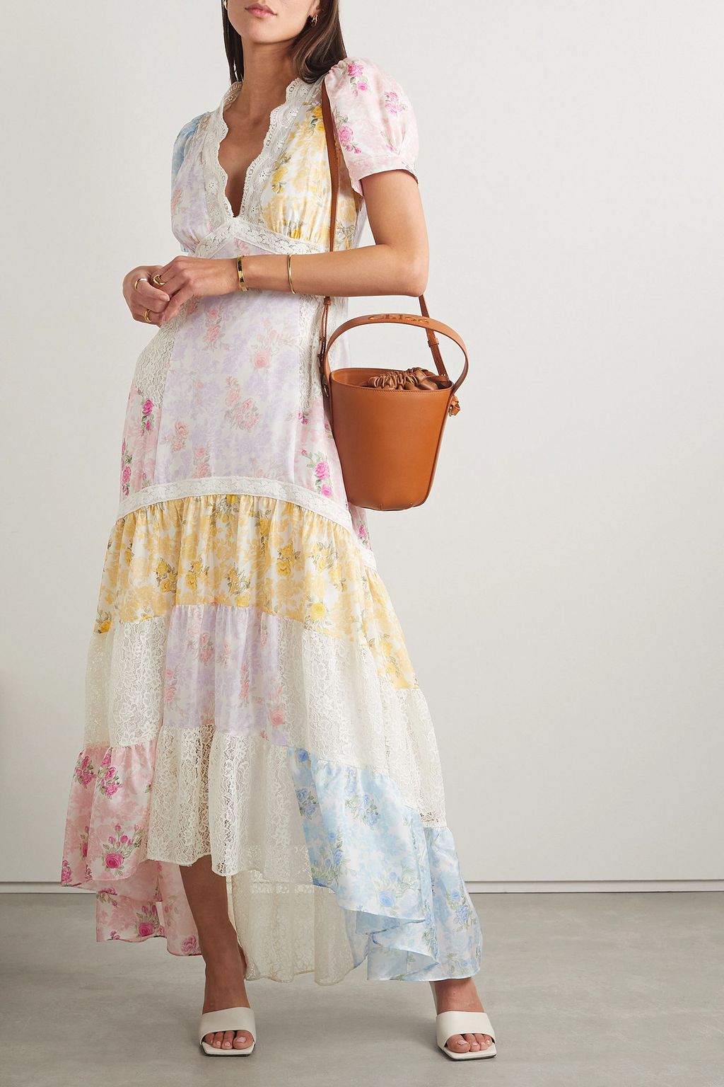 LOVESHACKFANCY シルクサテン マキシワンピース レーストリム フローラルプリント