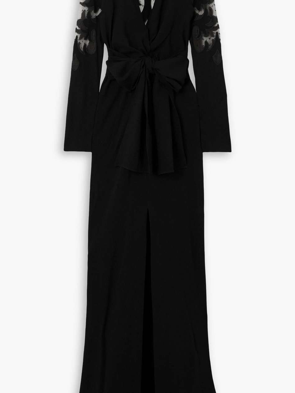belted crepe and swiss-dot tulle maxi wrap dress