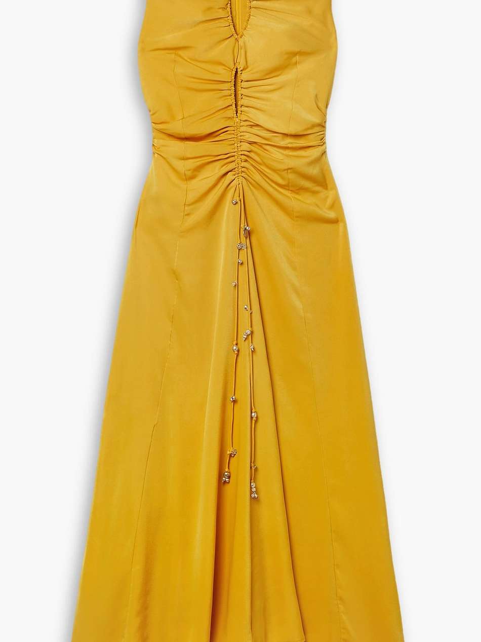 kaya asymmetric ruched cutout satin-crepe maxi dress