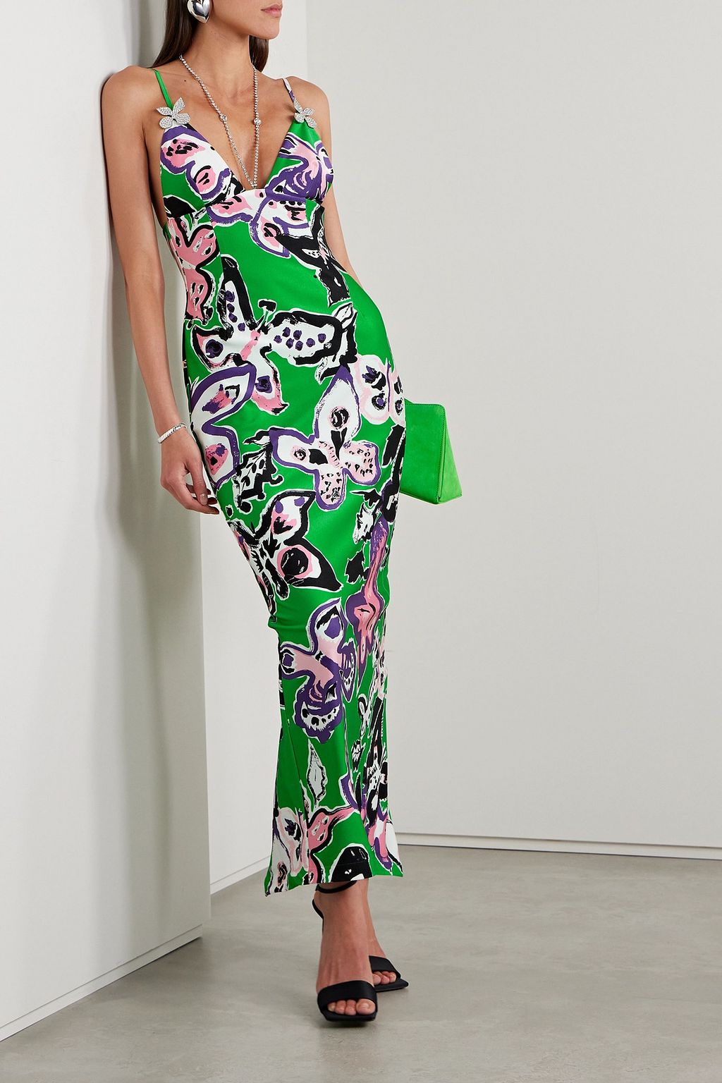 AREA Crystal-embellished printed stretch-satin jersey maxi dress