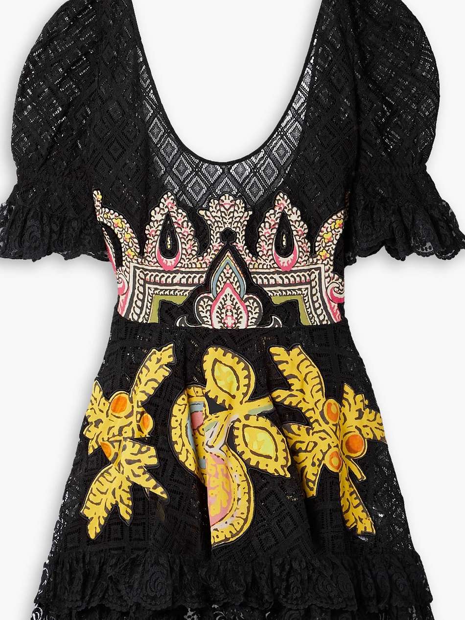ruffled appliquéd cotton-blend lace and crepe de chine mini dress