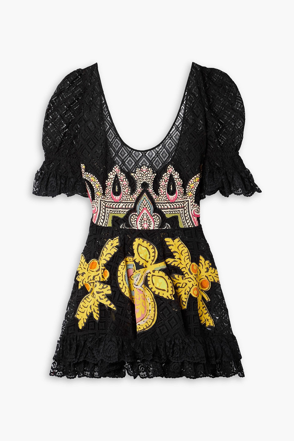 Etro Ruffled Appliquéd Cotton-blend Lace And Crepe De Chine Mini Dress In Black