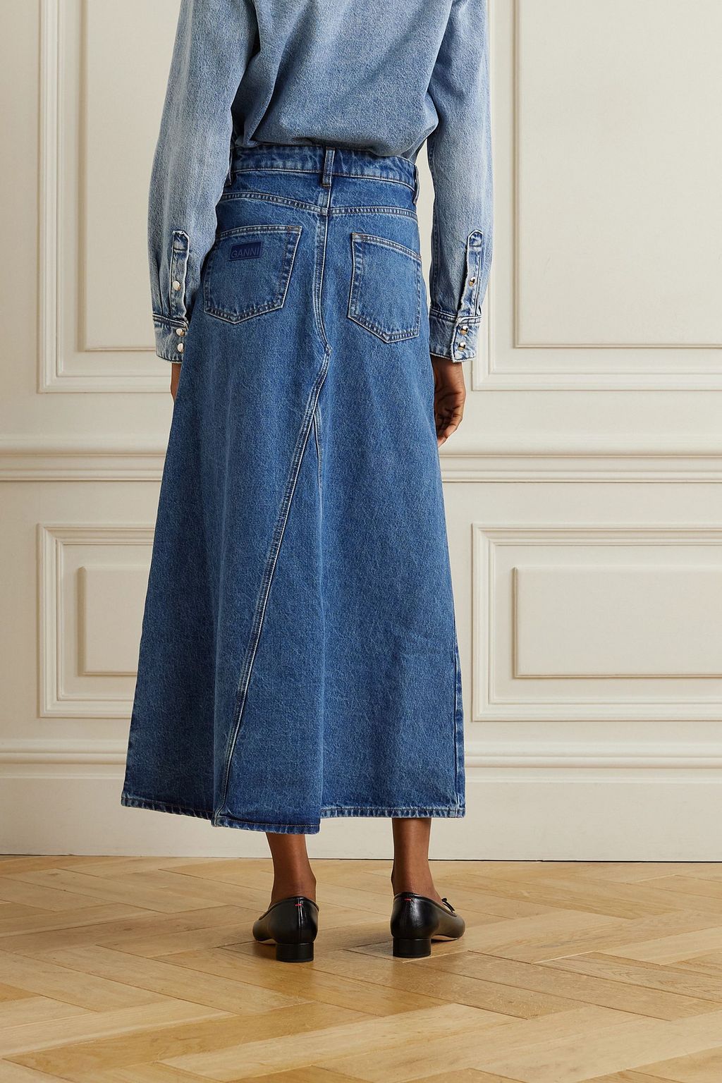 GANNI Appliquéd denim maxi skirt