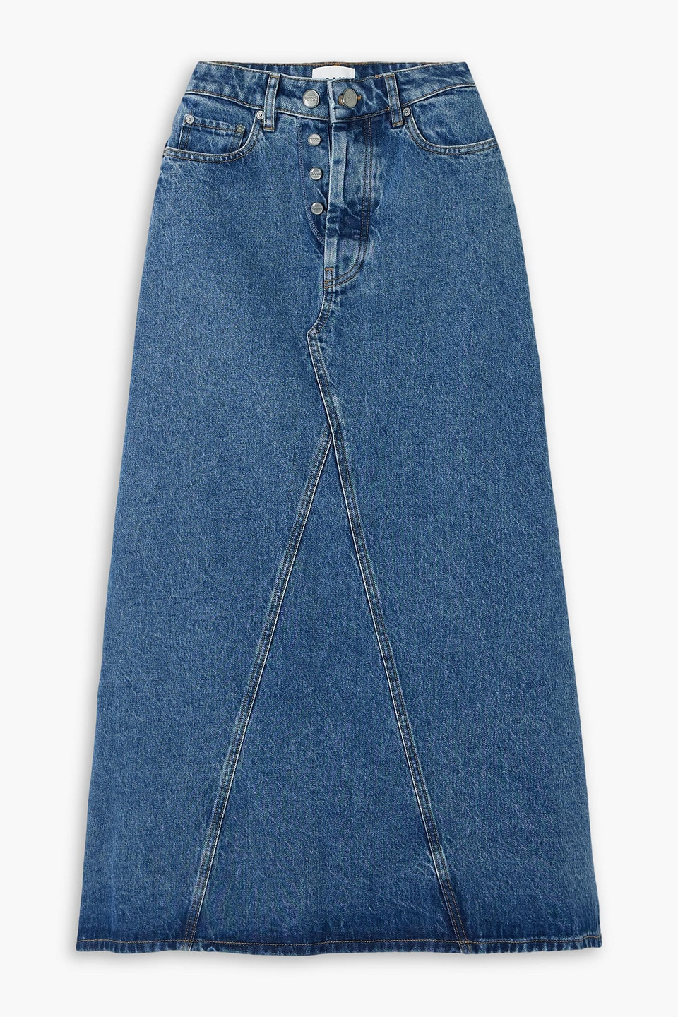 Appliquéd denim maxi skirt