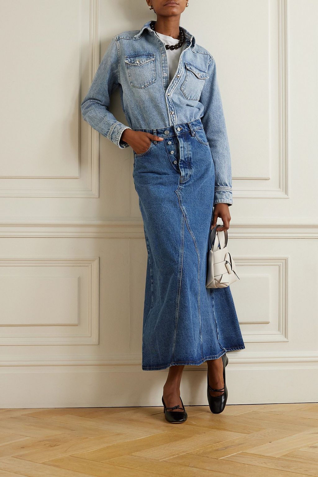 GANNI Appliquéd denim maxi skirt