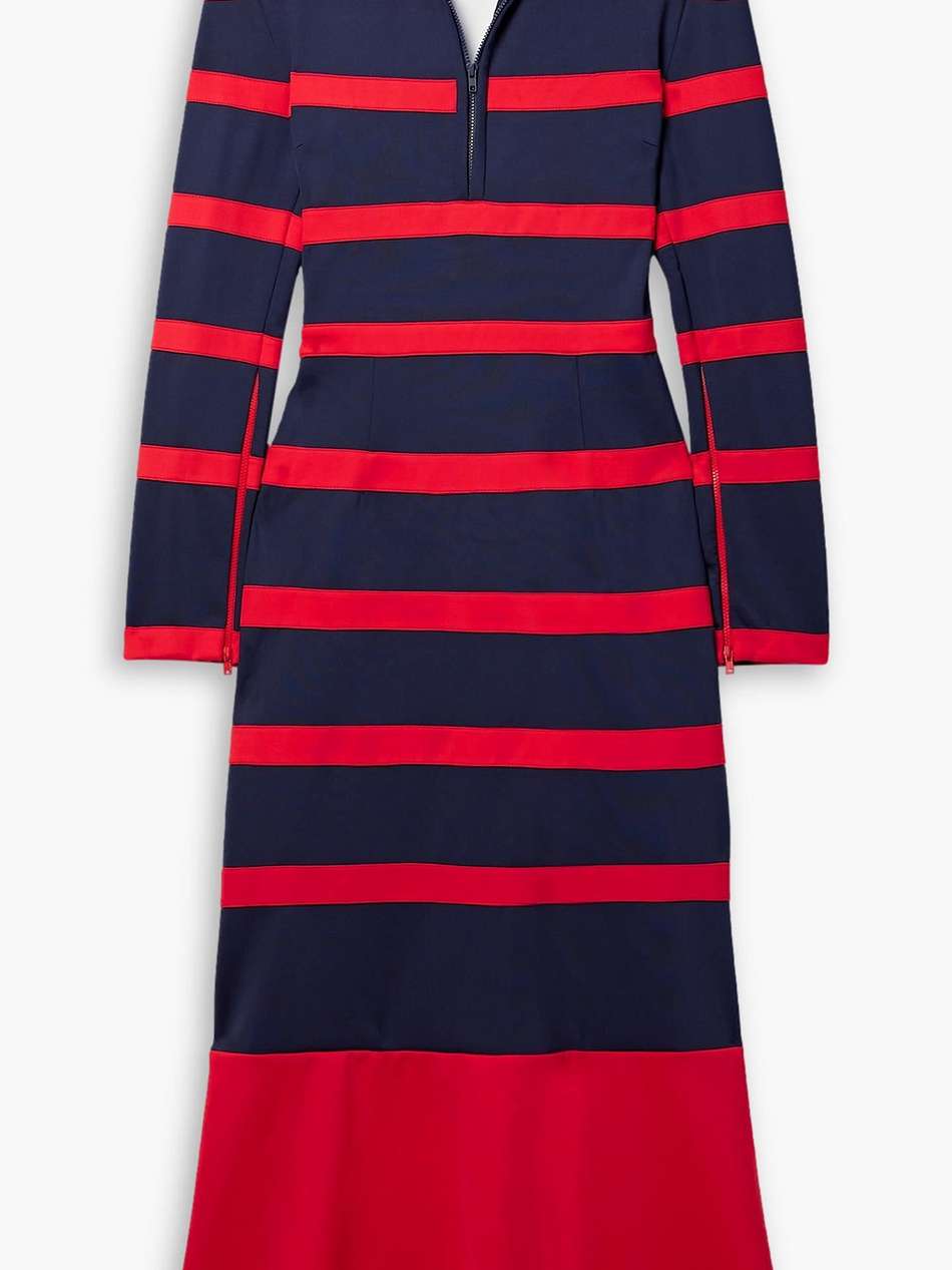 captain buckled striped neoprene midi dress
