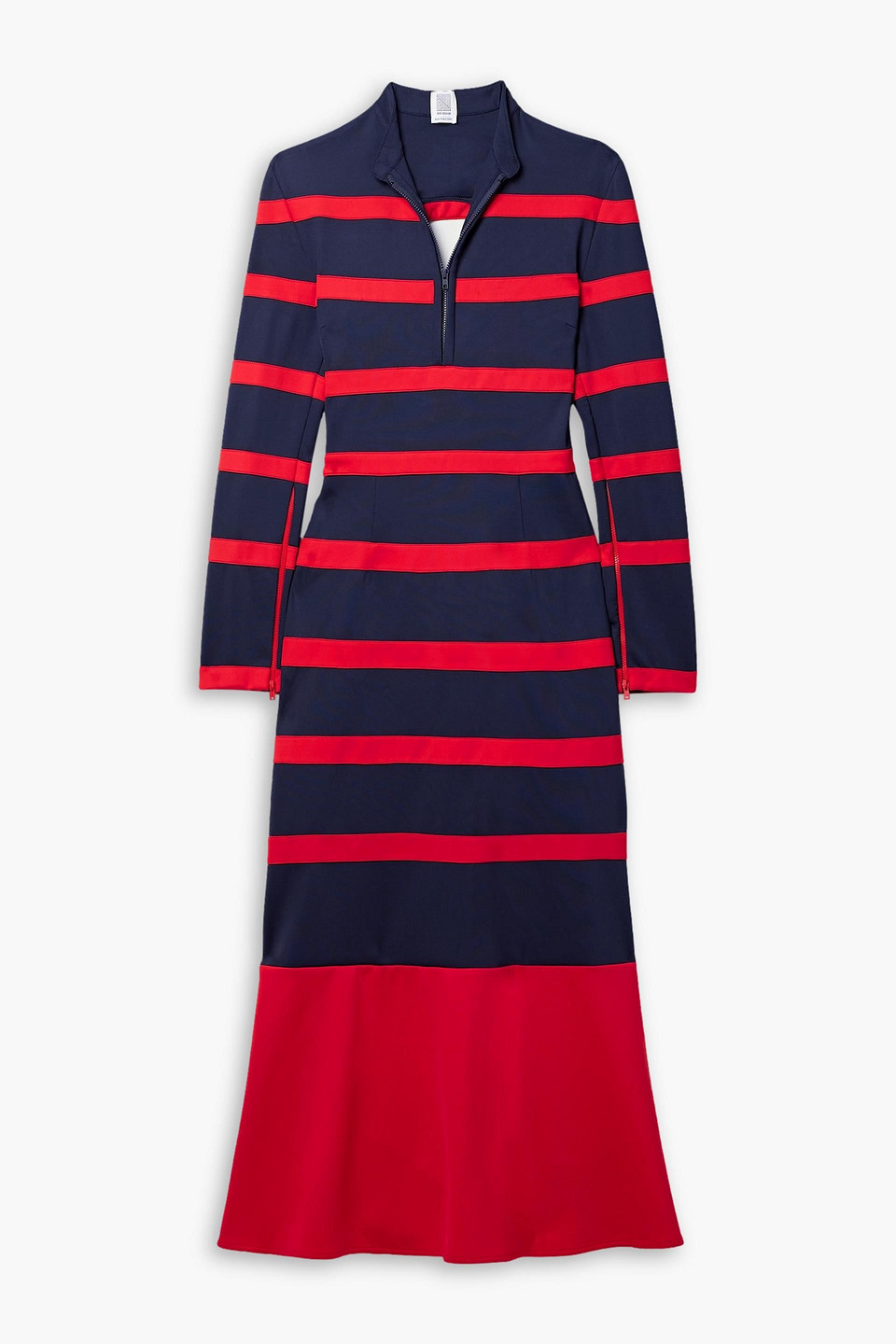 Rosie Assoulin Captain Buckled Striped Neoprene Midi Dress In Navy