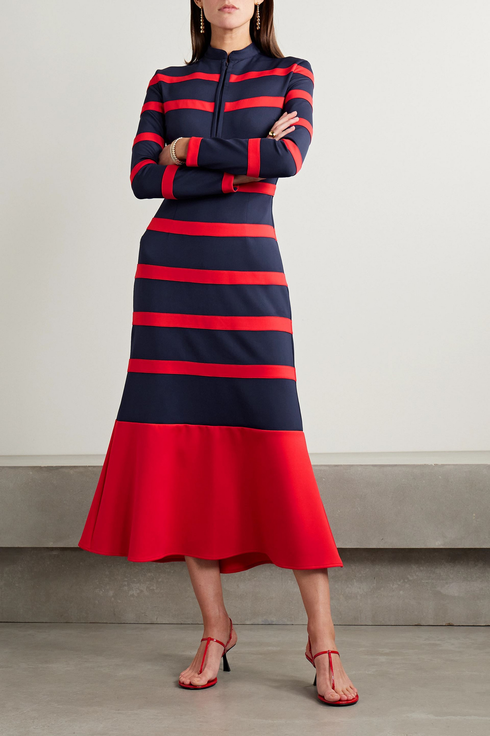 Rosie Assoulin Captain buckled striped neoprene midi dress