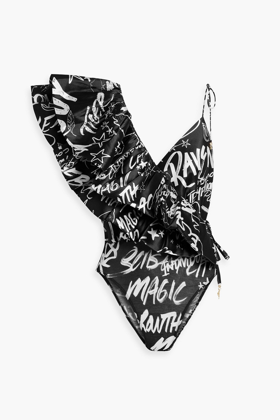 Camilla Embellished Printed Satin And Stretch-modal Bodysuit In Black