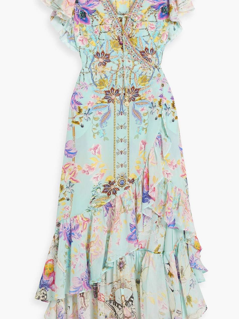 crystal-embellished printed silk crepe de chine wrap dress
