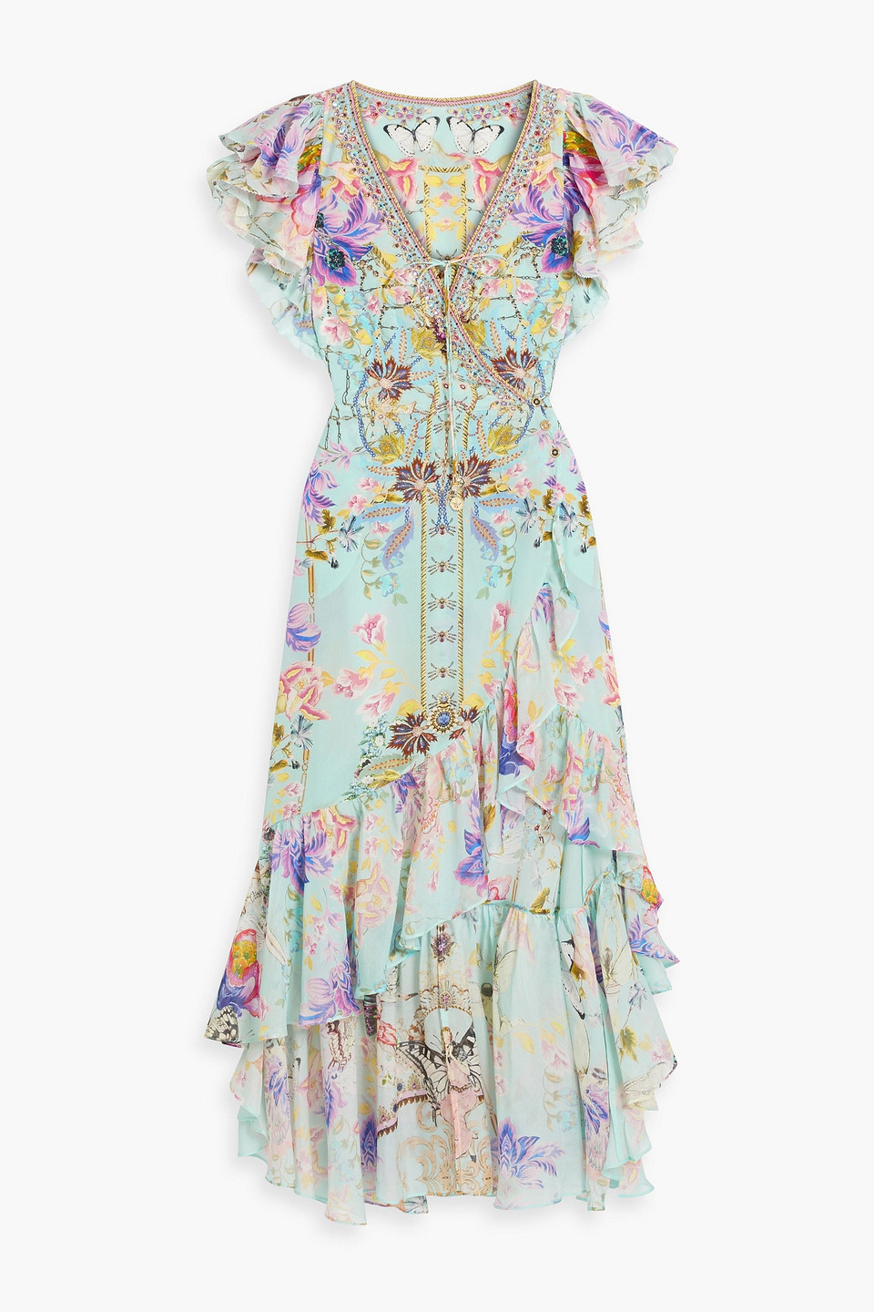Crystal-embellished printed silk crepe de chine wrap dress