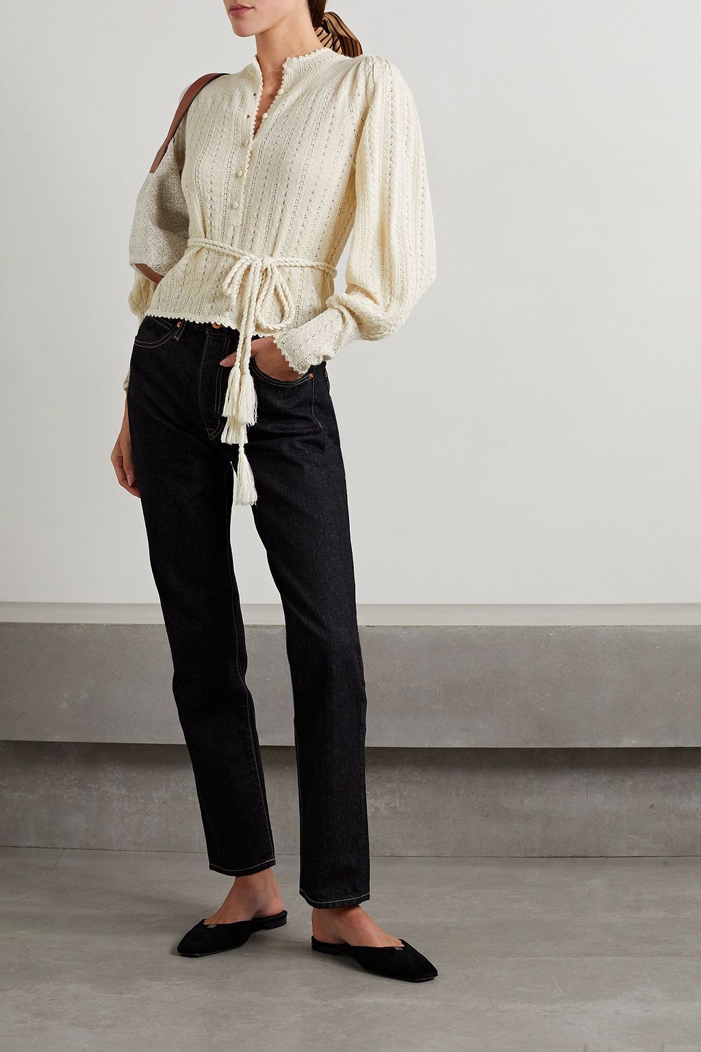 DÔEN Fostine belted pointelle-knit alpaca and silk-blend cardigan