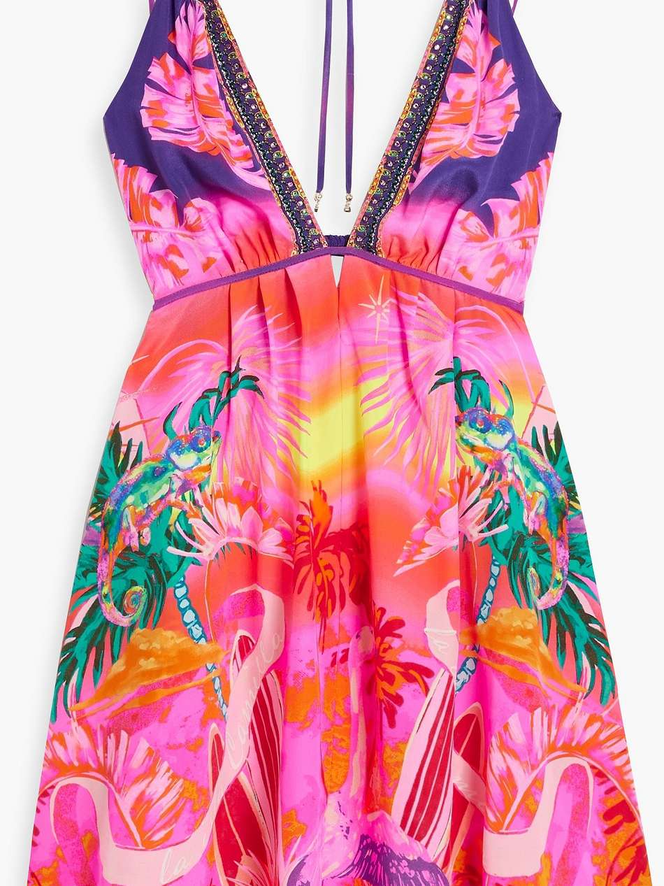 embellished printed silk mini dress