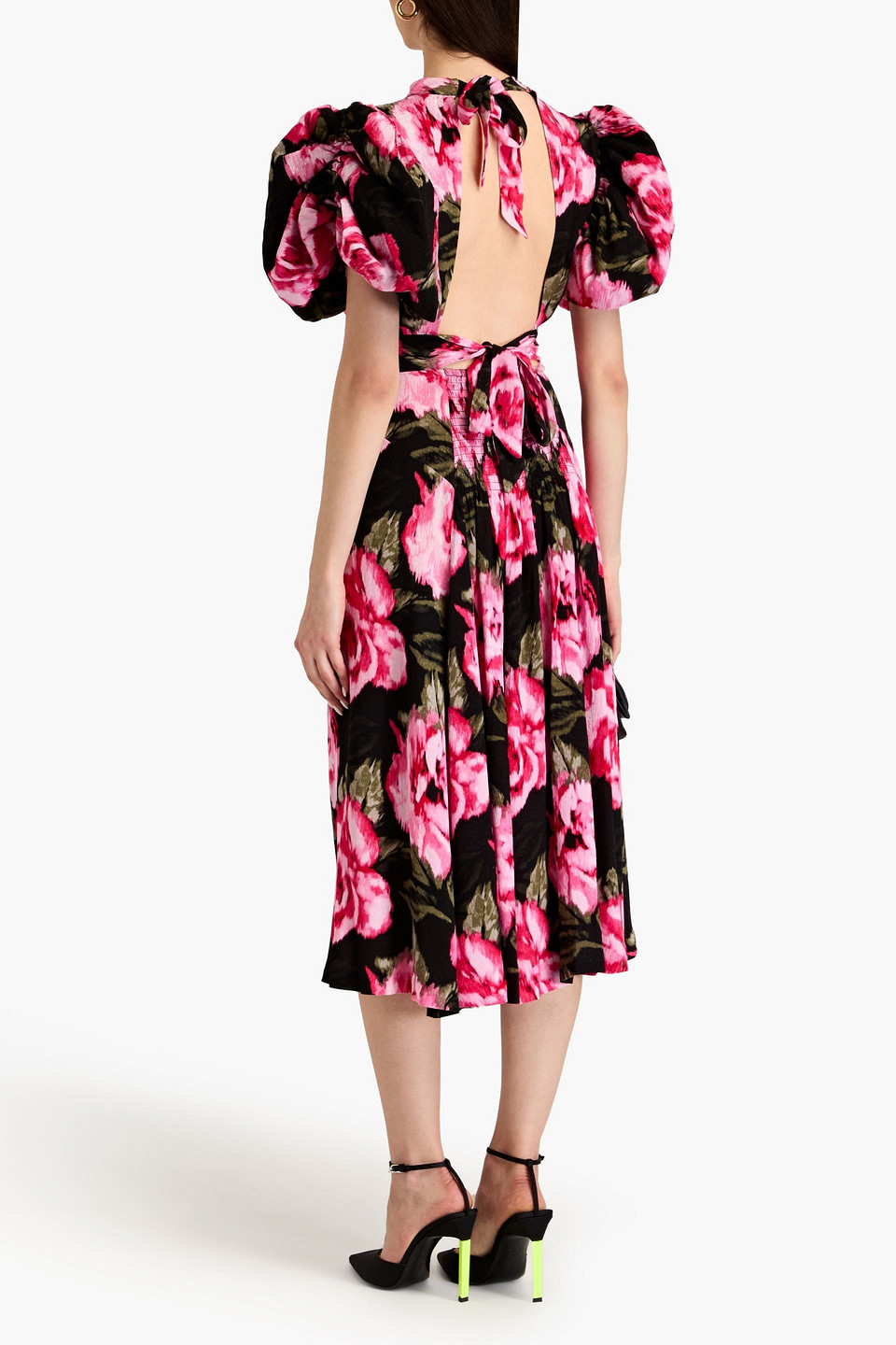 Rotate Birger Christensen Open-back Floral-print Jacquard Midi Dress In Pink