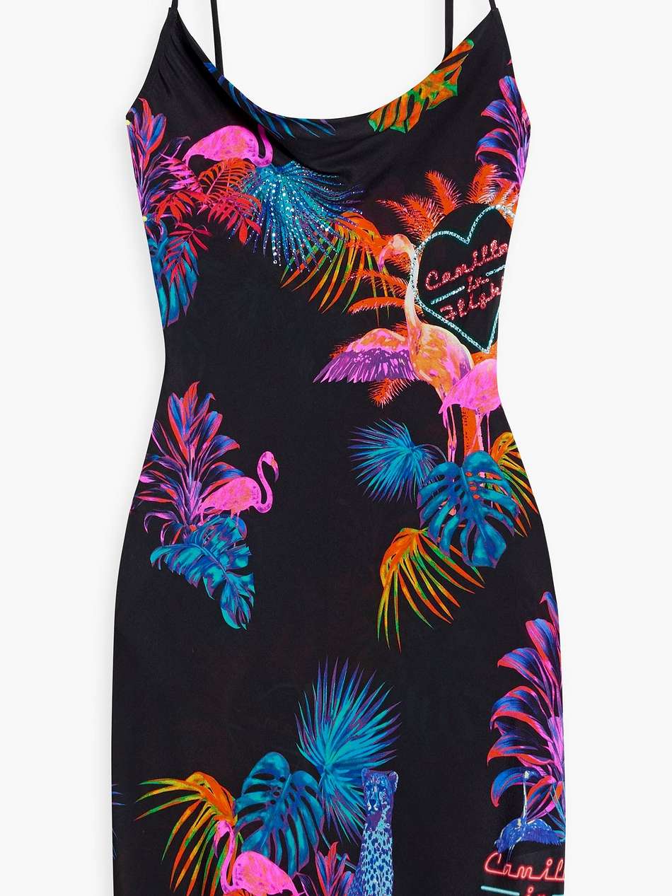 crystal-embellished printed silk mini dress