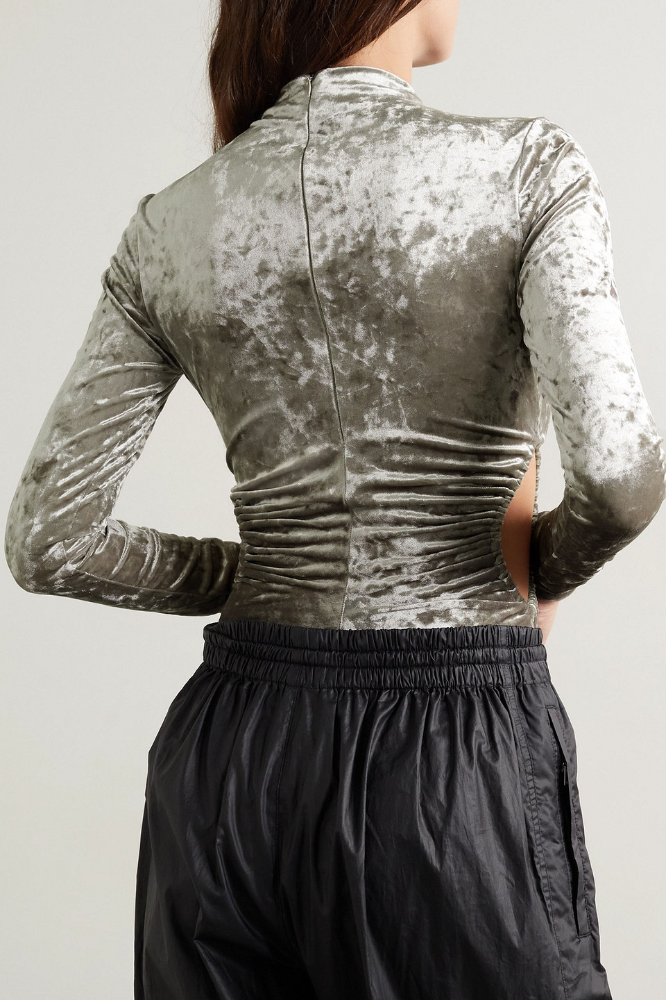 Isabel Marant Goldano Cutout Gathered Crushed-velvet Bodysuit In Steingrau