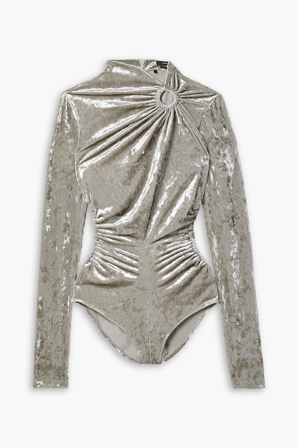 Isabel Marant Goldano Cutout Gathered Crushed-velvet Bodysuit In Steingrau