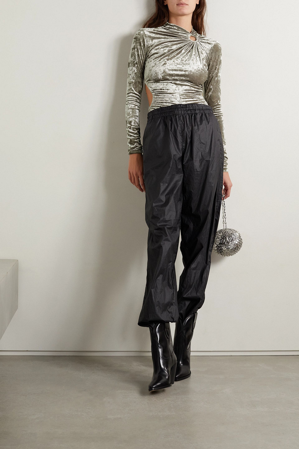 Isabel Marant Goldano Cutout Gathered Crushed-velvet Bodysuit In Steingrau