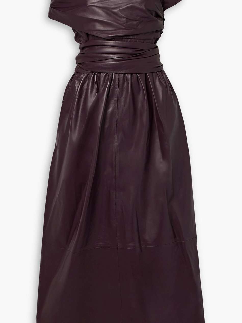 corfu off-the-shoulder gathered leather midi dress