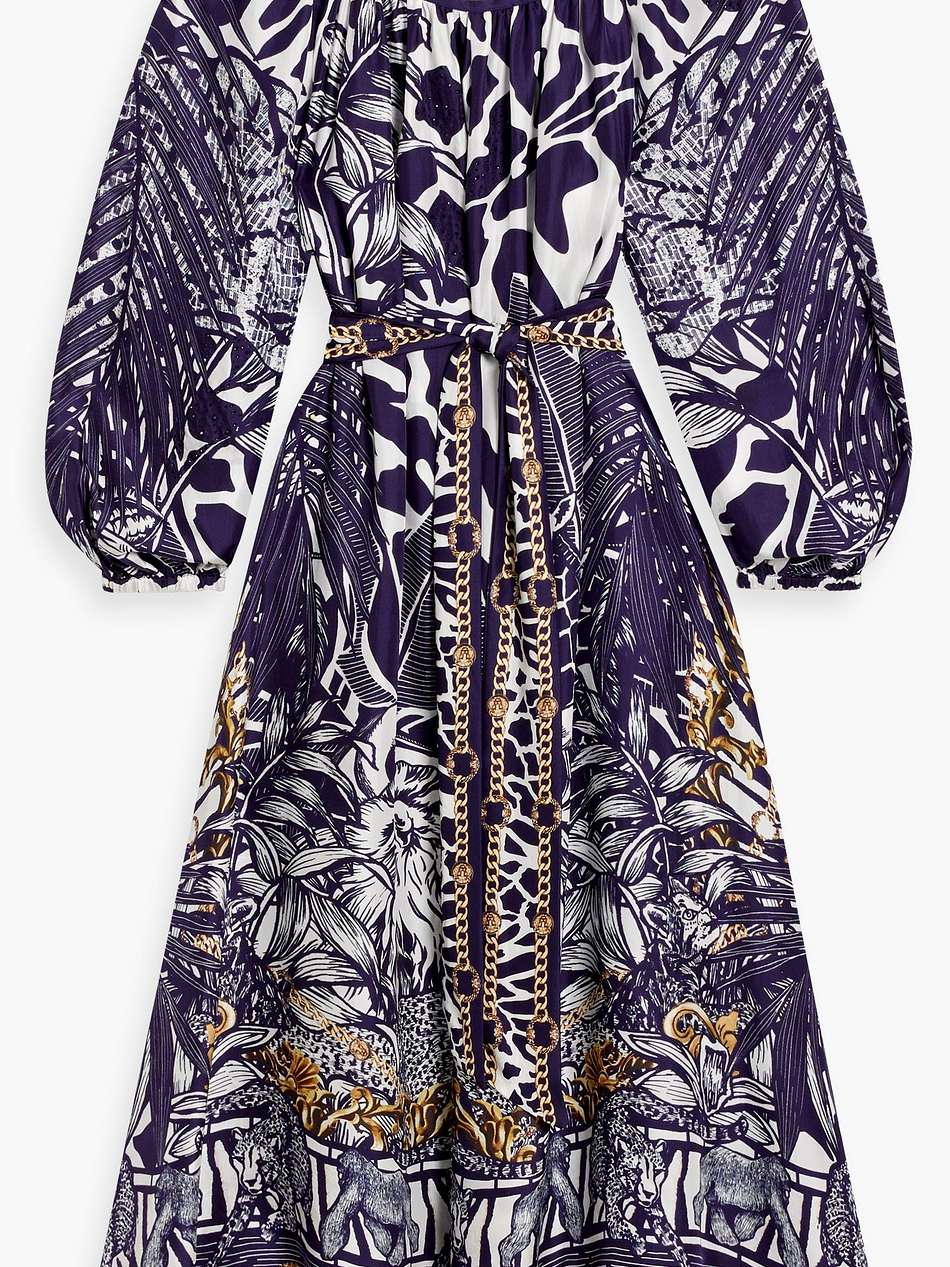 crystal-embellished printed silk midi dress