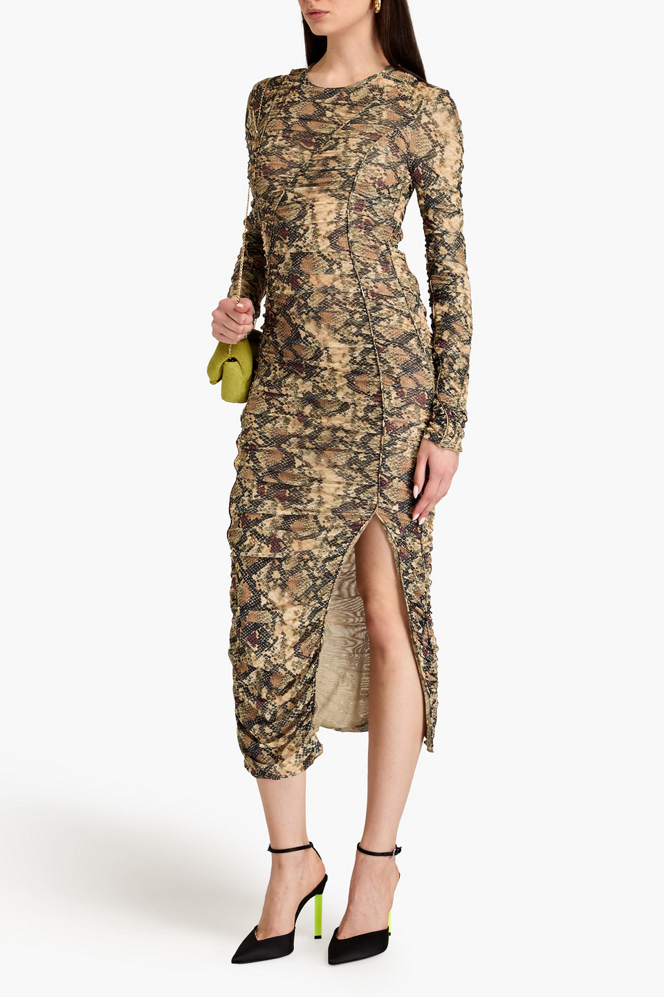  Rotate Birger Christensen - Gerafftes Midikleid Aus Mesh Mit Schlangenprint - Animal-print - De 36 
