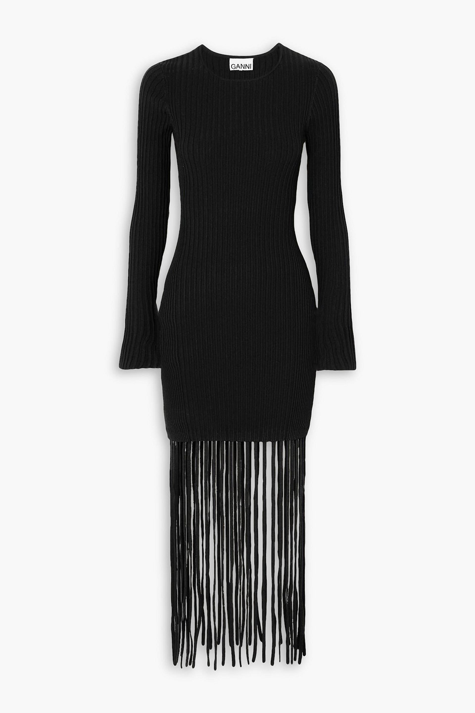 Shop Ganni Fringed Ribbed-knit Mini Dress In Black