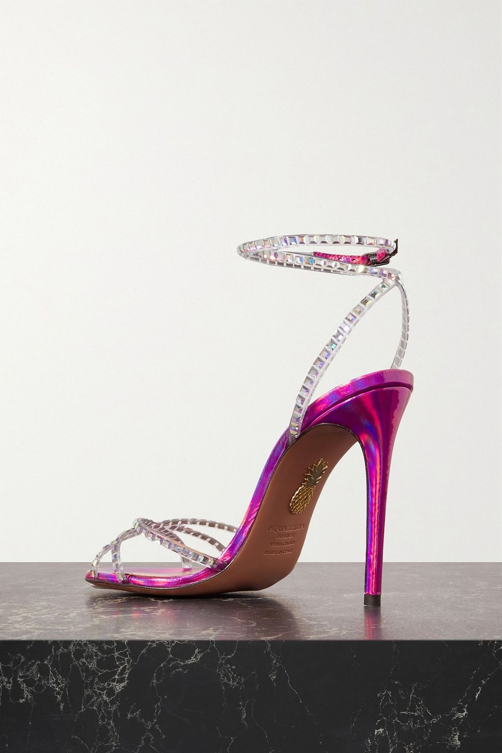 AQUAZZURA Dance Plexi 105 embellished PVC and iridescent leather sandals