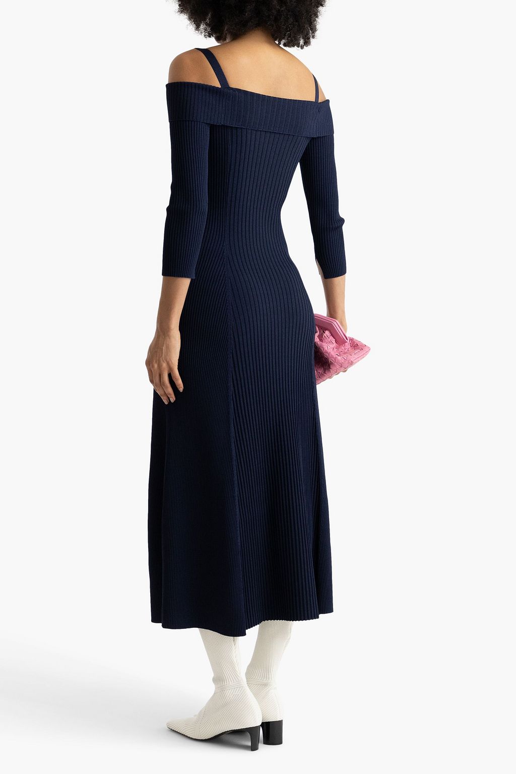 GANNI Cold-shoulder ribbed-knit midi dress