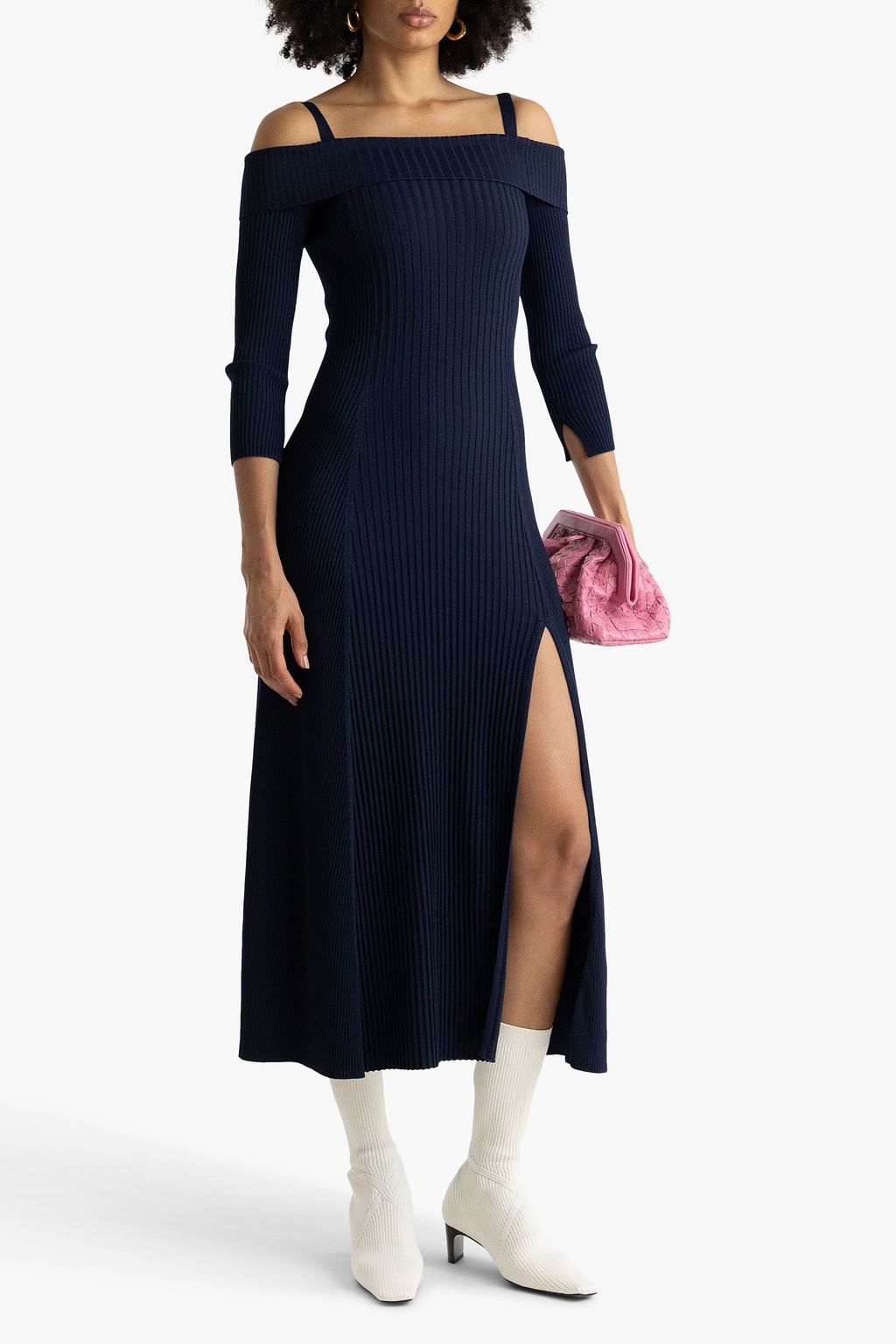 GANNI Cold-shoulder ribbed-knit midi dress