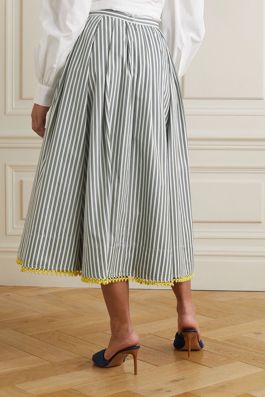 ROSIE ASSOULIN Pleated lace-trimmed striped cotton-poplin midi skirt