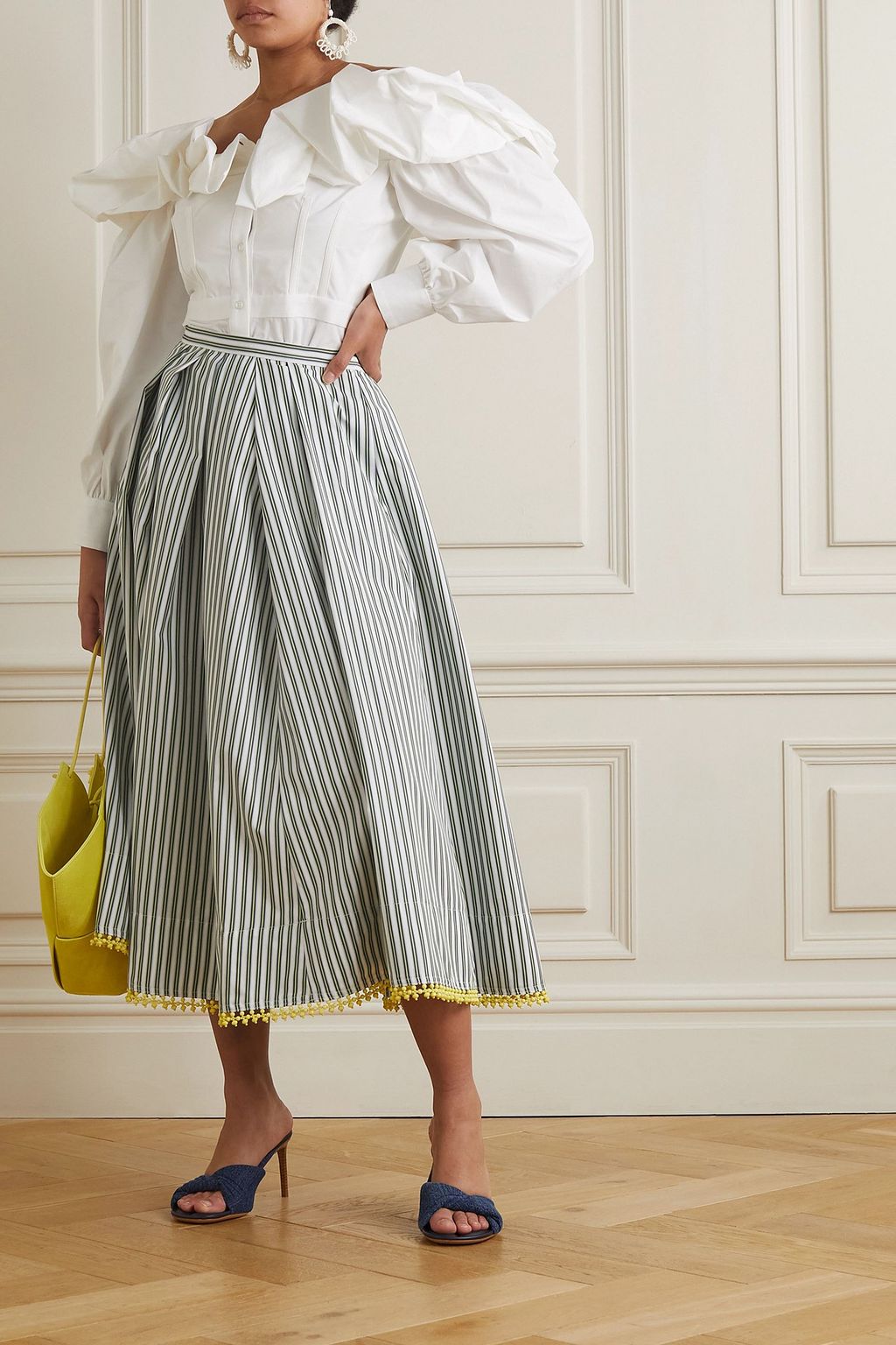 ROSIE ASSOULIN Pleated lace-trimmed striped cotton-poplin midi skirt