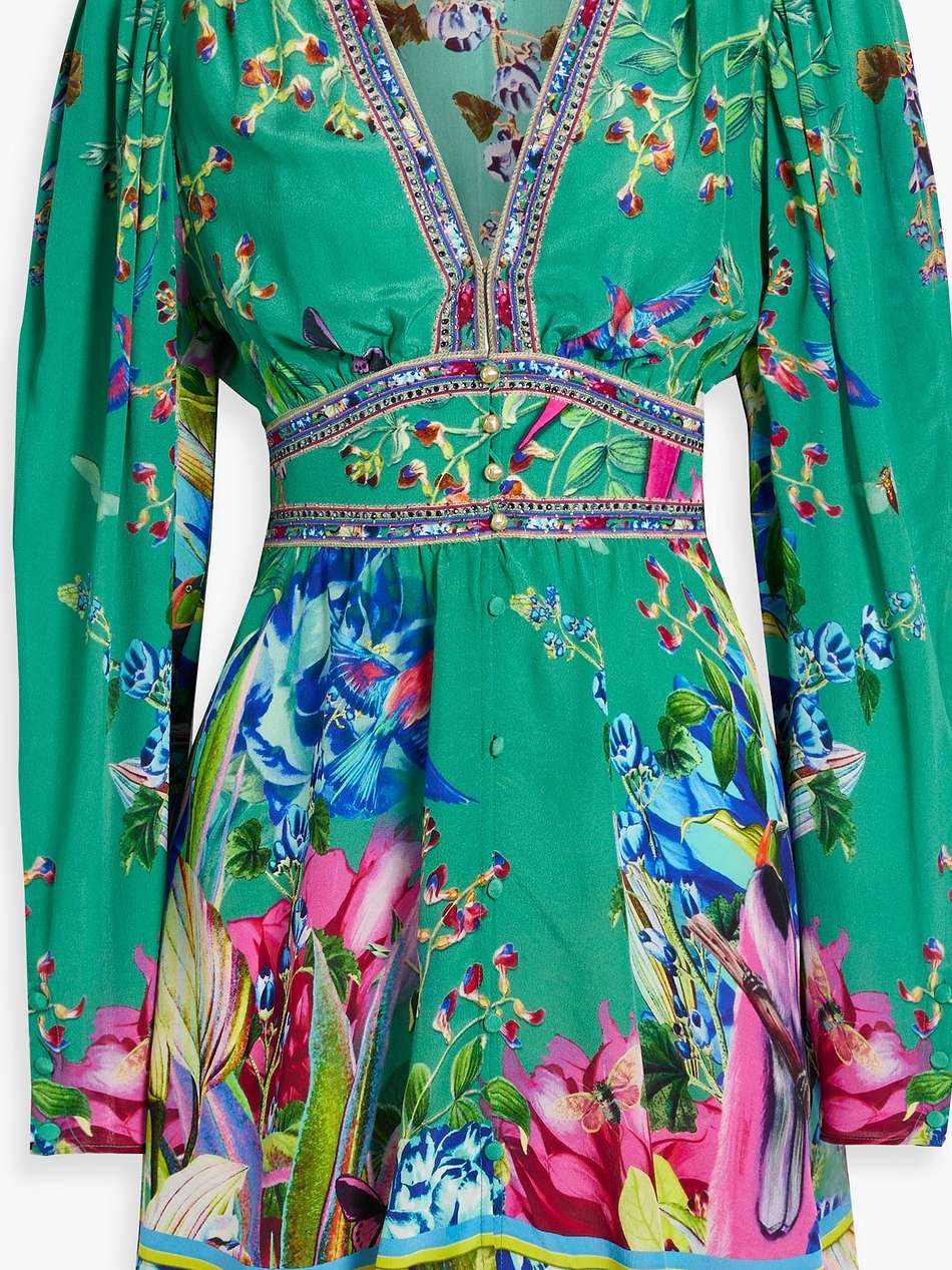 crystal-embellished printed silk crepe de chine mini dress