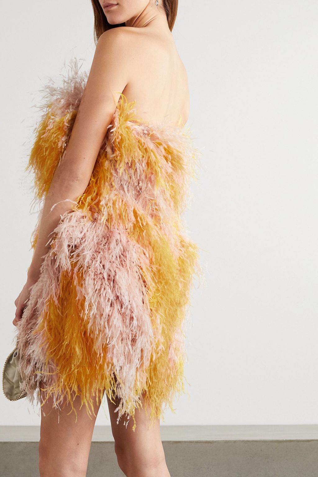 RALPH & RUSSO Strapless feather-embellished silk-satin mini dress