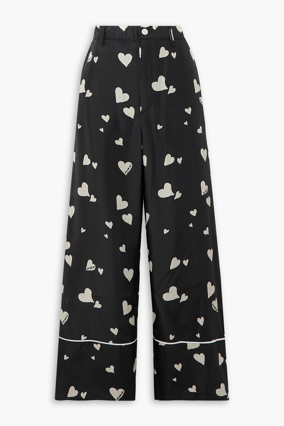 Marni Piped Printed Silk-habotai Straight-leg Pants In Black