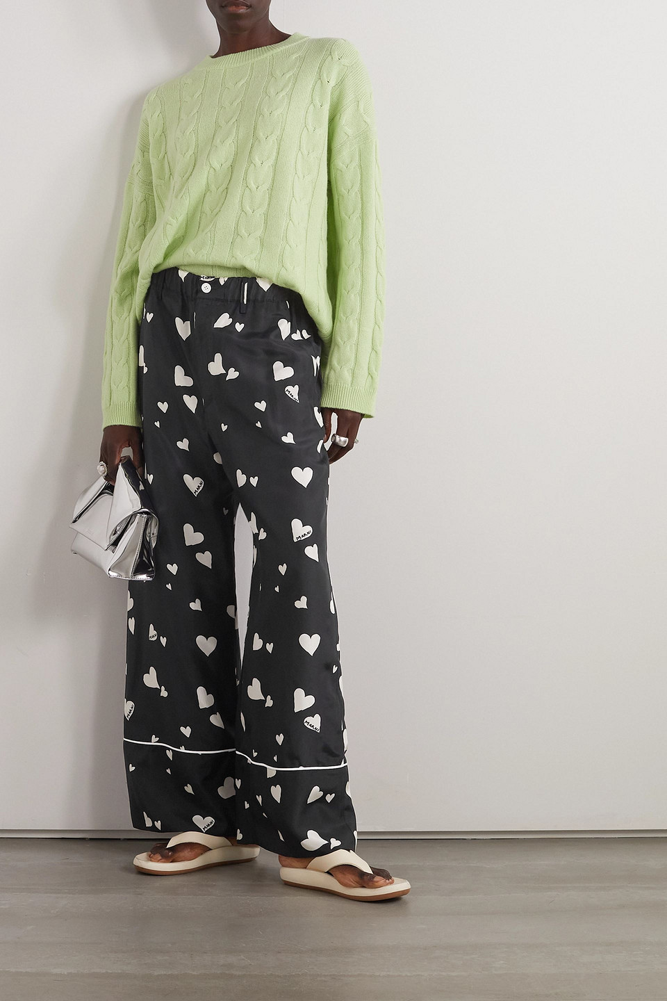 Marni Piped Printed Silk-habotai Straight-leg Pants In Black