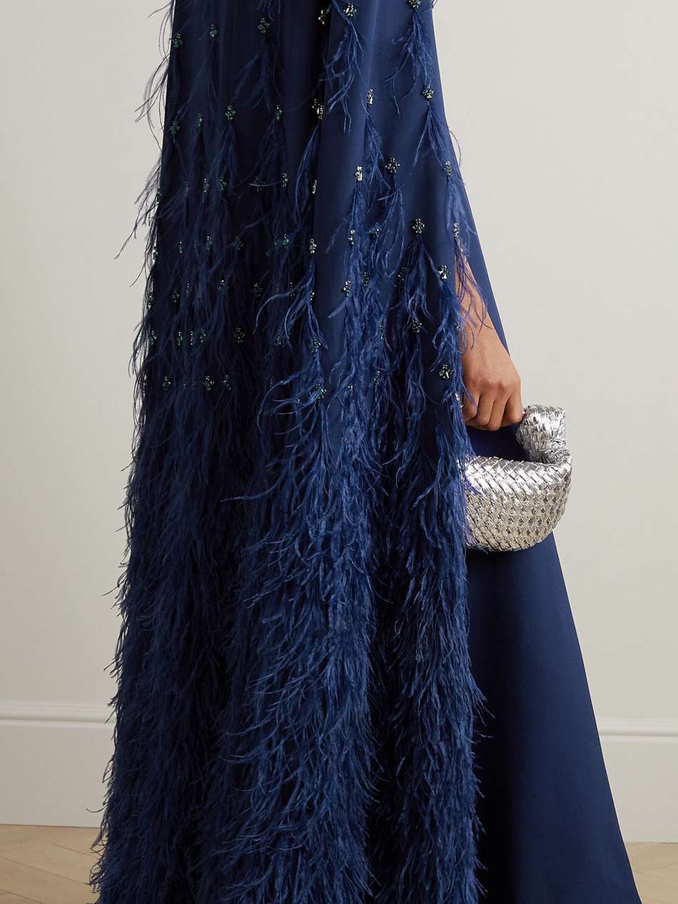 madalena cape-effect crystal and feather-embellished crepe gown