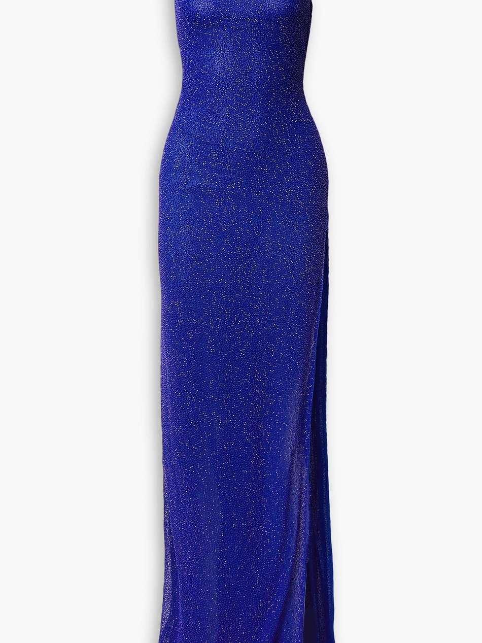 one-shoulder beaded tulle gown