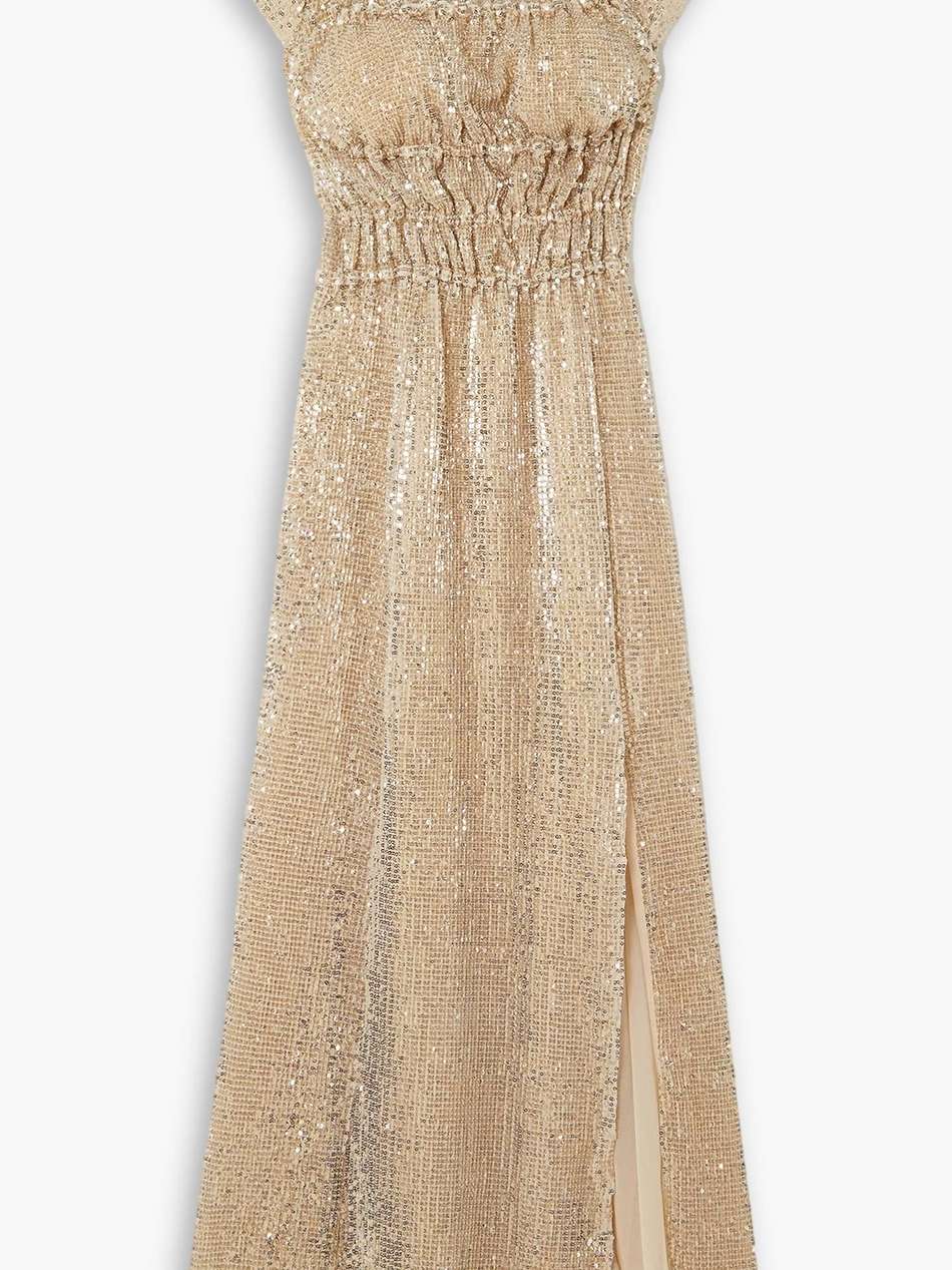 lily shirred sequined stretch-silk midi dress