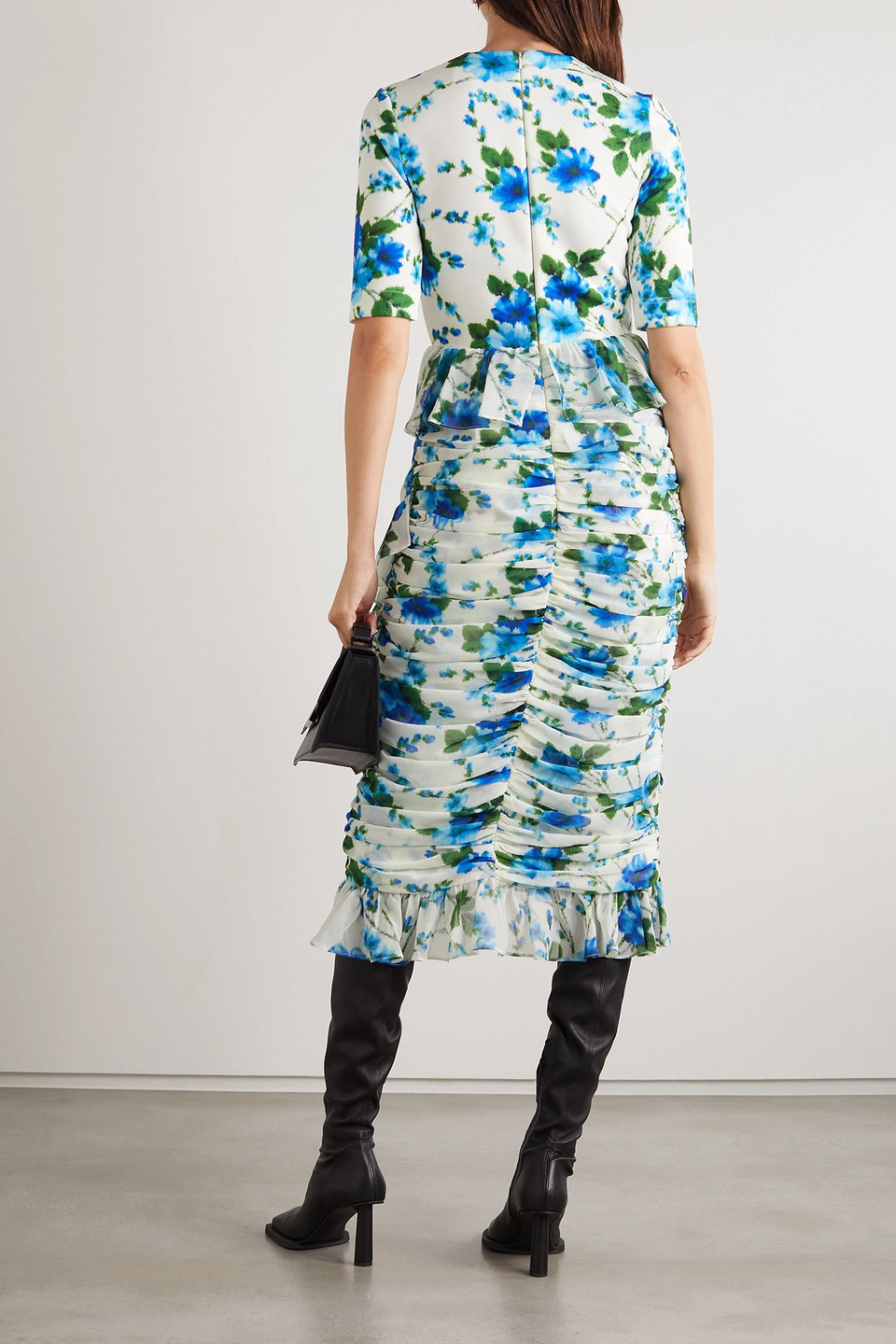 Richard Quinn Ruffled Ruched Floral-print Crepe De Chine And Jersey Dress In Blue