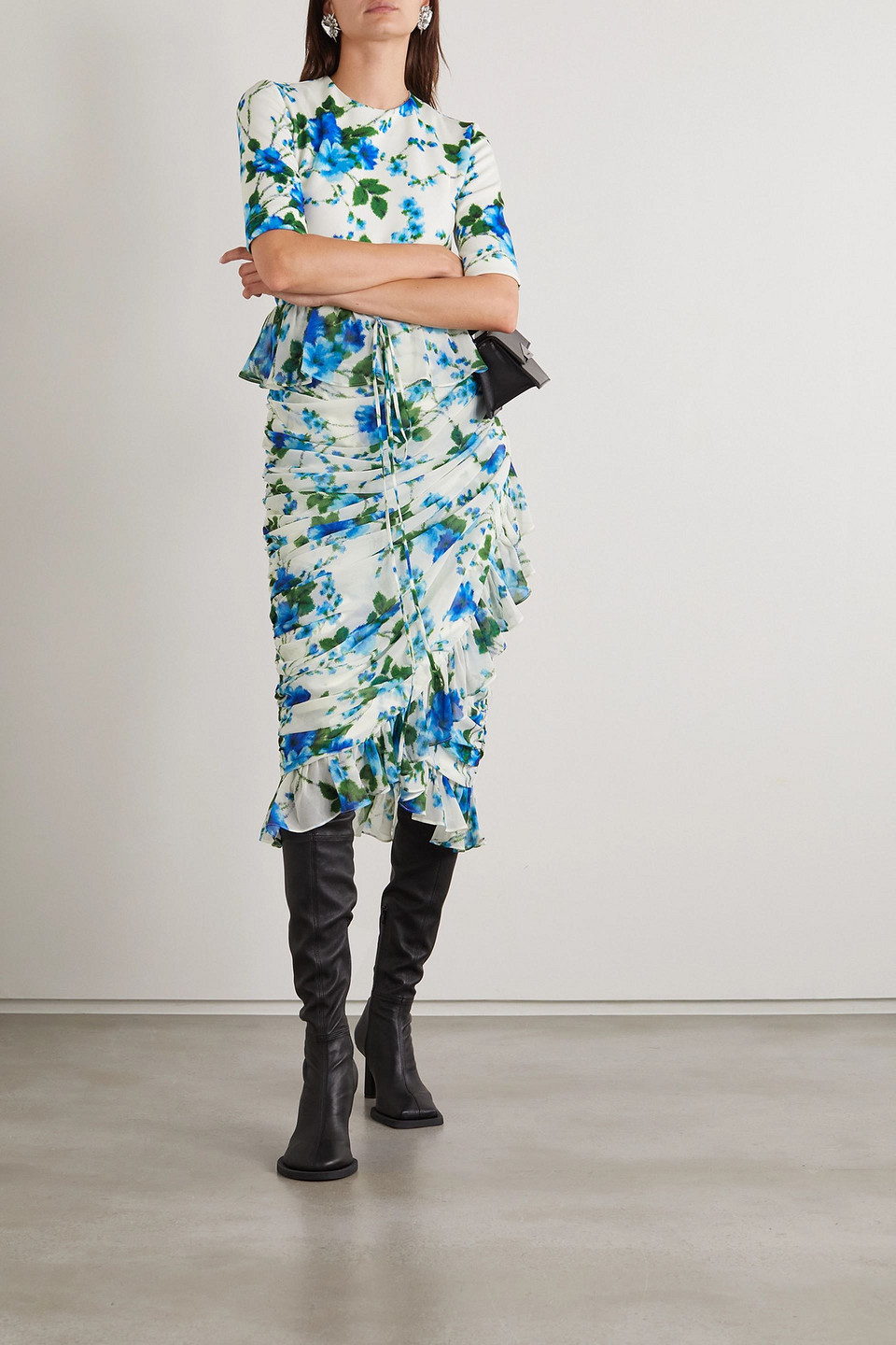 Richard Quinn Ruffled Ruched Floral-print Crepe De Chine And Jersey Dress In Blue