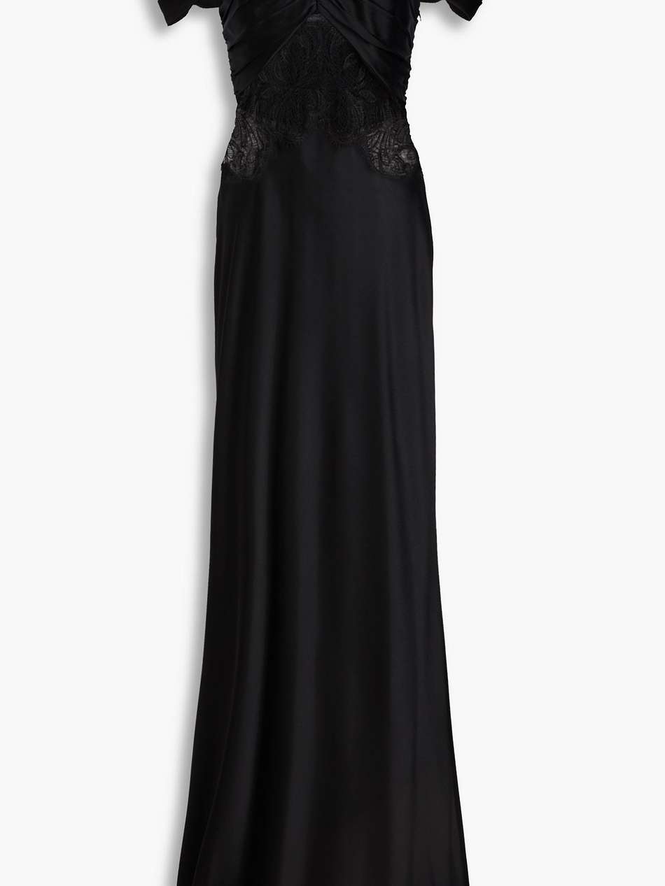 cold-shoulder corded lace-paneled satin gown