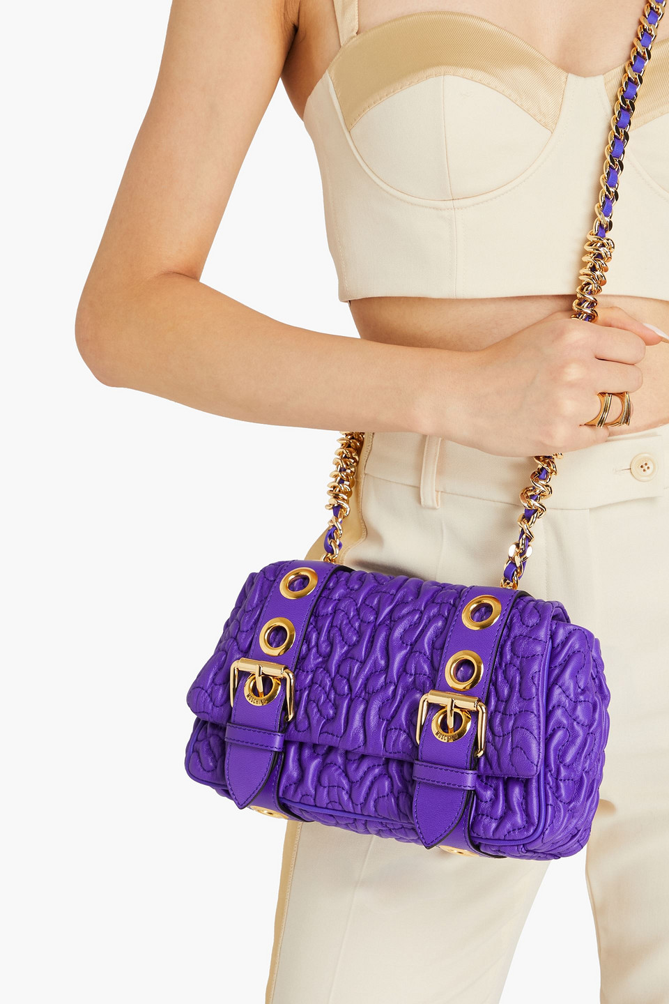 Moschino Buckle-embellished Quilted Faux Leather Shoulder Bag In Purple